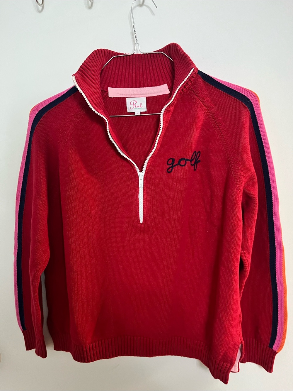 PINK pineapple Red Half-Zip Golf Sweater  with Striped Sleeves